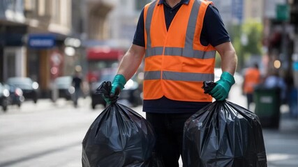 Dedicated sanitation worker collecting waste bags on busy city street, ensures cleanliness and hygiene, community pride and environmental responsibility