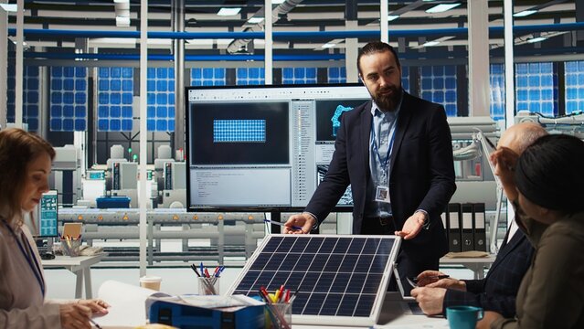 Scientists in photovoltaics factory experimenting with advanced PV materials to improve solar panel durability and efficiency for long term sustainable energy solutions, camera A