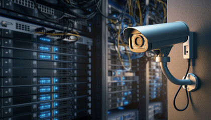 Security camera guarding a server room. Metaphor for data protection and cybersecurity. Useful for illustrating surveillance, IT infrastructure, and technology concepts.