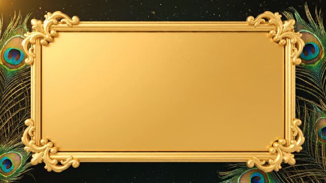 Exquisite Golden Ornate Frame with Vibrant Peacock Feathers, Perfect for a Grand Hindu Wedding Invitation or Luxurious Festive Event Announcement