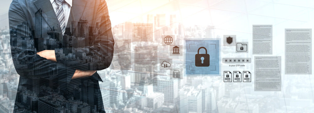 A confident business professional poses with crossed arms in front of a digital interface showcasing cybersecurity elements, emphasizing data security and modern technology trends. Gantry