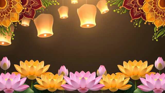 Hindu Wedding Invitation Background with Floating Lanterns and Lotuses - Powered by Adobe