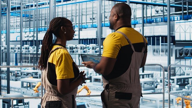 Industry 4.0 industrial plant engineering team designs new robotic machines using CAD application on tablet. Teamworking smart factory coworkers programming automation equipment, camera A