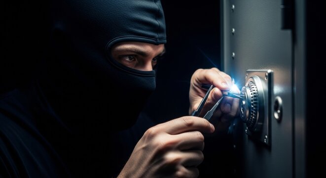 Masked burglar picking safe lock with professional tools