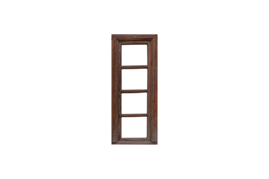 Narrow wooden window frame with four panes is isolated.