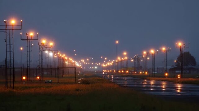 Medium shot of approach lights illuminated in early morning demonstrating precision and reliability for incoming flights with LED upgrades.