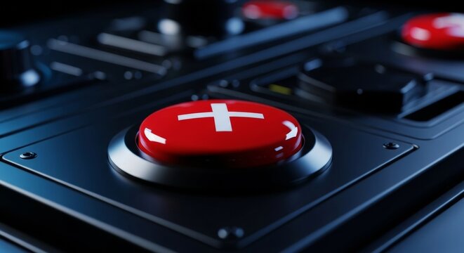 Critical red button with white cross on dark futuristic control panel