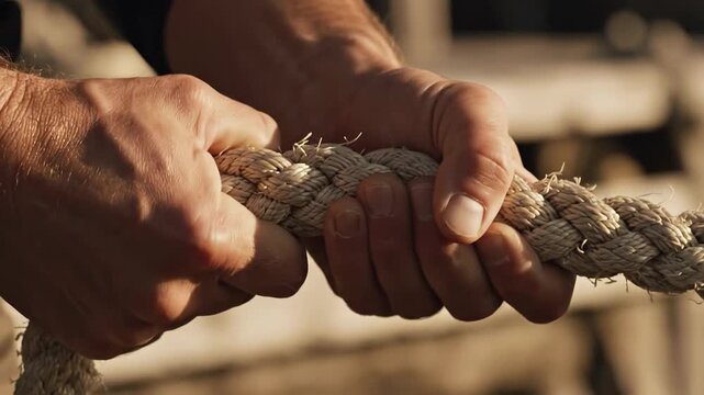 Strong hands gripping thick rope close up