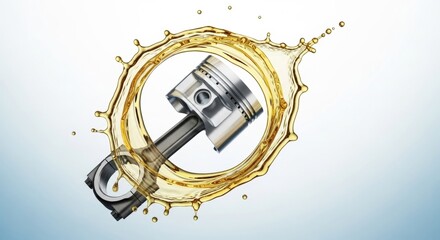 Engine piston with connecting rod in golden oil splash - automotive lubrication concept