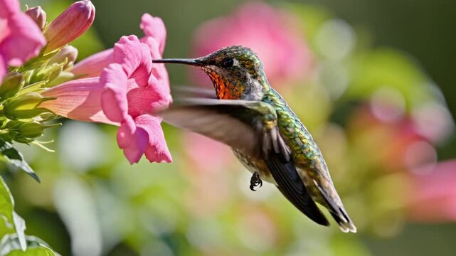 Hummingbird hovering mid-flight, feeding on nectar from vibrant pink flower in sun-drenched garden, a moment of natural beauty and delicate grace