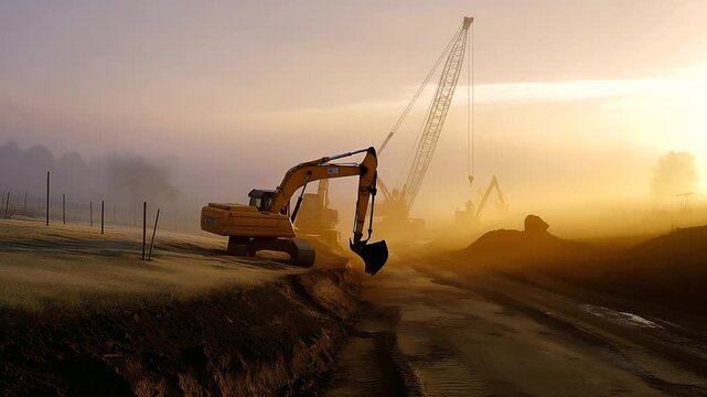 Foggy morning at an active roadwork site with silhouettes of machinery, atmospheric infrastructure scene, with copy space