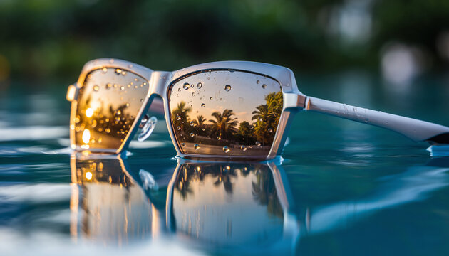Sunglasses rest on calm water, reflecting sunset hues and palm trees, embodying relaxation and escape. Ideal for travel, leisure, or summer concepts.