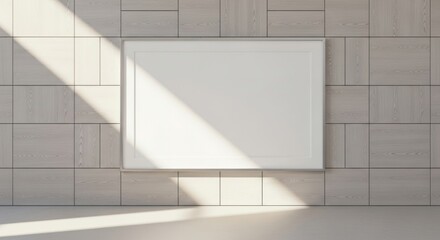Obraz premium Modern minimalist interior with blank square frame on geometric wood panel wall and natural sunlight