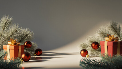 Fototapeta premium Minimalist Christmas Product Background with Red Gift Boxes, Pine Branches, and Baubles with Sunlight Shadows