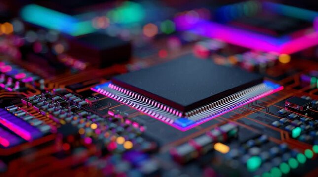 Close up of a computer chip on a circuit board with colorful led lights