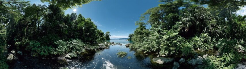 Panoramic hdr view of lush nature by a serene river tropical paradise