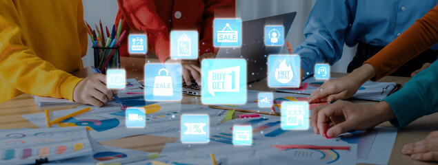 Sale and promotion icons with hot deal, discount tag, shopping bag, limited offer, coupon, VIP card, buy one get one, online shopping, and special event sale. Entice