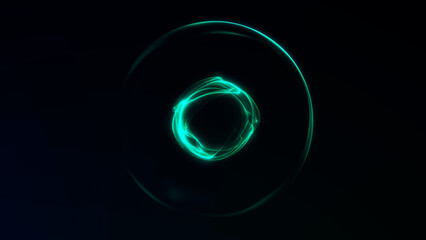 Two glowing green neon orbs floating in dark digital space. Futuristic cyber energy flow with modern minimal shapes for technology branding and UI design.