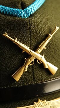 Military honor guard uniform detail with crossed rifles, ready for solemn ceremonies and remembrance day parades, a symbol of service and sacrifice