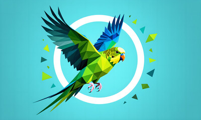 Vibrant low poly budgerigar flying with spread wings on an abstract turquoise background.