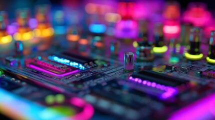 Close up of a colorful computer circuit board with glowing neon lights on it - Powered by Adobe