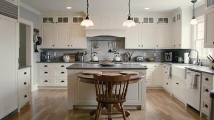 Modern kitchen with white cabinets, island, and wooden floor
