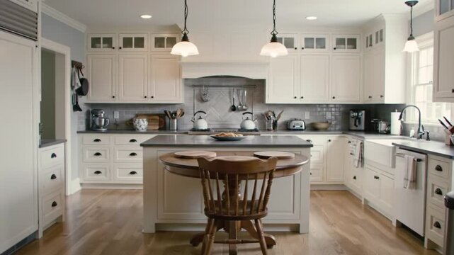 Modern kitchen with white cabinets, island, and wooden floor
