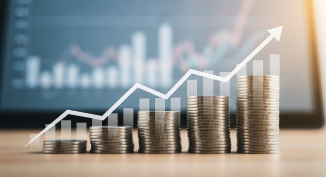 Investment growth concept with rising coin stacks and upward trend arrow on financial chart background