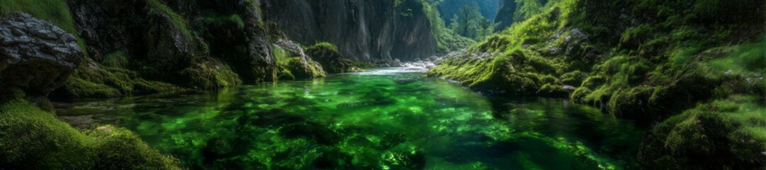 Fototapeta premium Serene nature hdr panorama of lush green river valley scenic landscape view