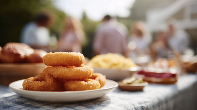 Golden onion rings on a plate at a summer gathering. Festive outdoor feast with family and friends. Perfect for depicting celebrations, casual dining, and joyful moments.