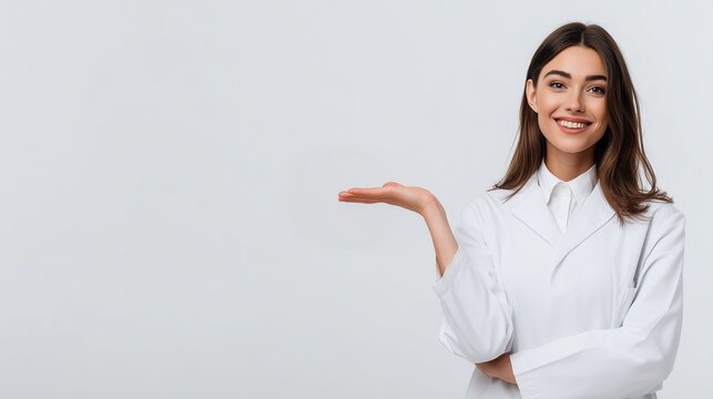 A female doctor portrait of a young woman wearing doctor uniform, holding her palm open to make an accent to a specific area 