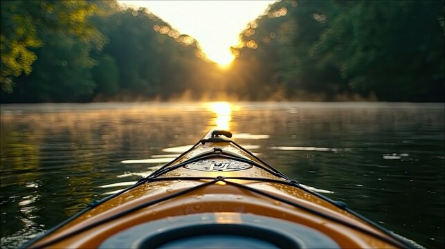 A yellow kayak glides on calm water at sunrise, with trees lining the banks and a misty atmosphere. - Powered by Adobe