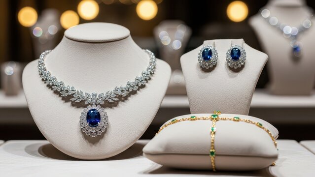 Elegant blue gemstone jewelry displayed on mannequins