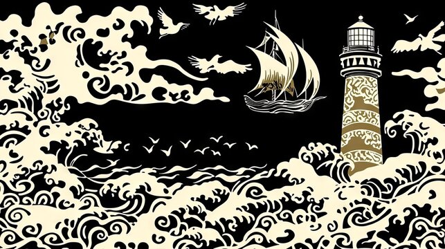 Illustration of a lighthouse, sailing ship, and birds amidst stormy waves, set against a dark night sky. - Powered by Adobe