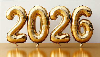 Golden foil balloons 2026 on color background