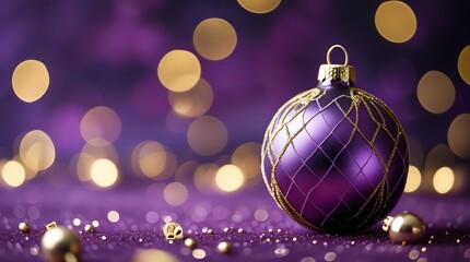 Fototapeta premium A closeup of a purple Christmas ornament with gold netting on a sparkly purple surface