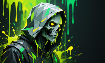 Eerie hooded skull with glowing eyes and polygonal features amidst neon green drips