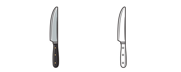 Vector illustration featuring a metal kitchen knife in two styles: a colored version with a black handle and a minimal black outline contour version