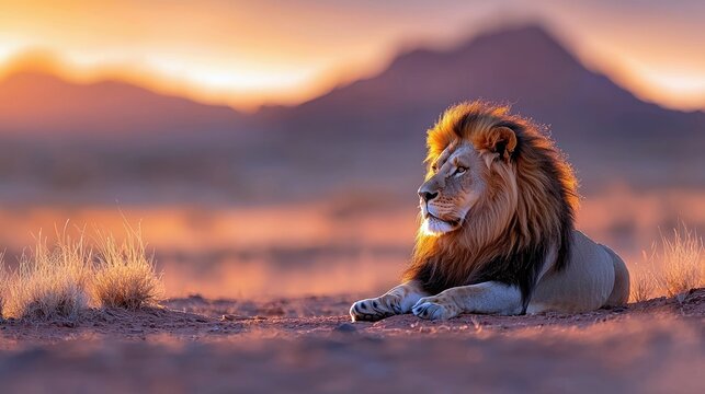 A majestic male lion rests in the desert landscape at sunset, bathed in warm golden light. - Powered by Adobe