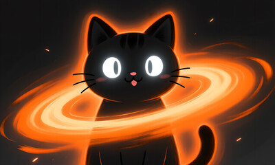Adorable cartoon black cat with intense glowing eyes and swirling orange galaxy aura