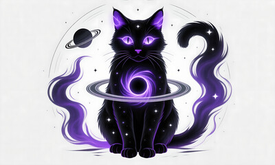 Mysterious cosmic black cat sitting with glowing purple galaxy energy and stars