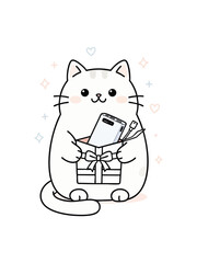 Fototapeta premium A cheerful, chubby kitten character is opening a striped gift box containing a modern portable power bank and its charging cable, depicted in a cute outline vector style