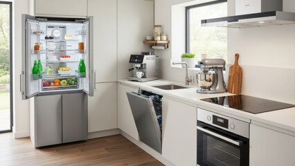 Modern kitchen with open refrigerator and stainless steel appliances
