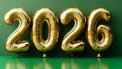Golden foil balloons 2026 on color background