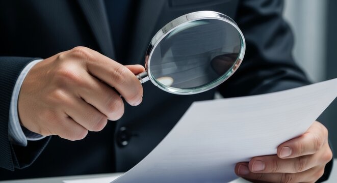 Businessman examining documents with magnifying glass for audit and analysis