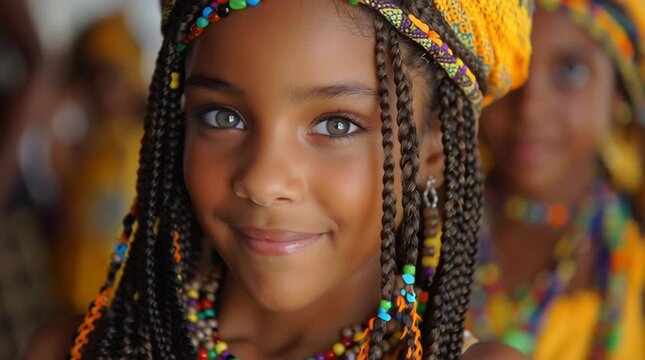 A young girl with braided hair and colorful headwear smiles at the camera