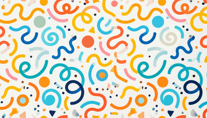 Vibrant abstract geometric pattern with colorful squiggles, lines, and circles on a clean white background.