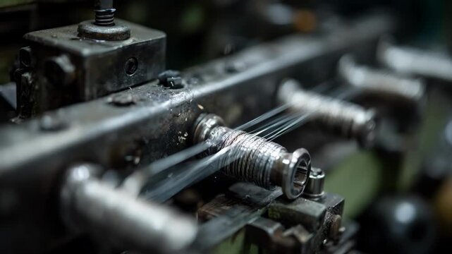 Medium shot of machinery threading nonferrous rods with detailed focus on the cutting process creating fine screw threads.