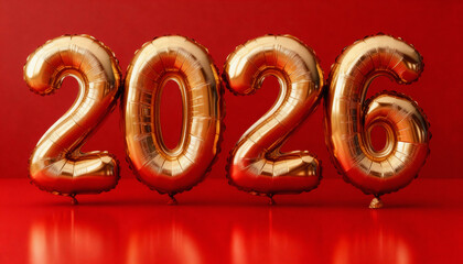 Golden foil balloons 2026 on color background