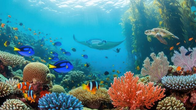 Vibrant coral reef ecosystem with tropical fish and sea turtle